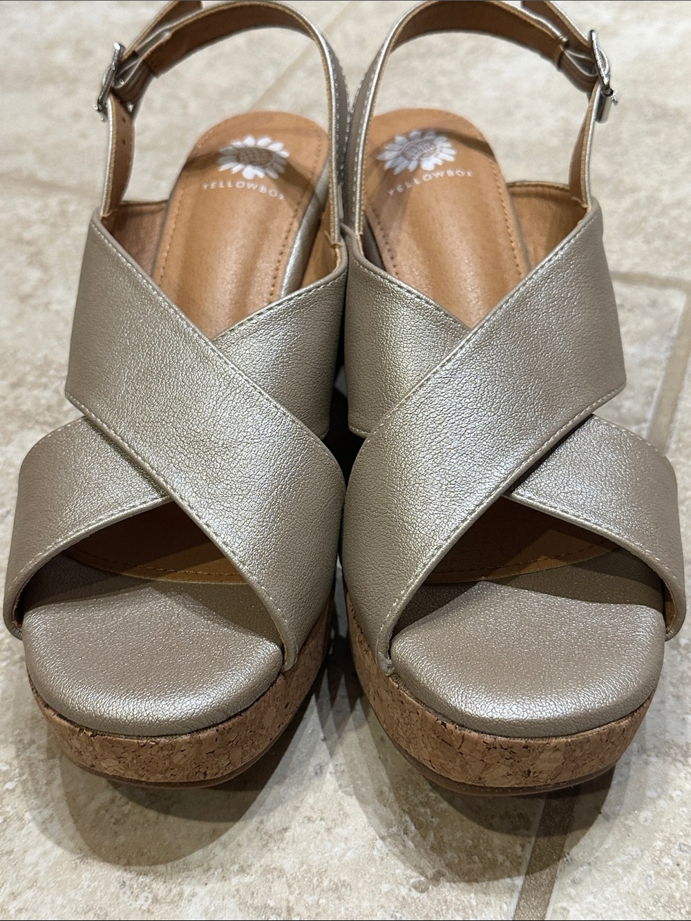 NWOT Yellow Box Metallic Taupe Cork Platform Wedges - Picture 7 of 9